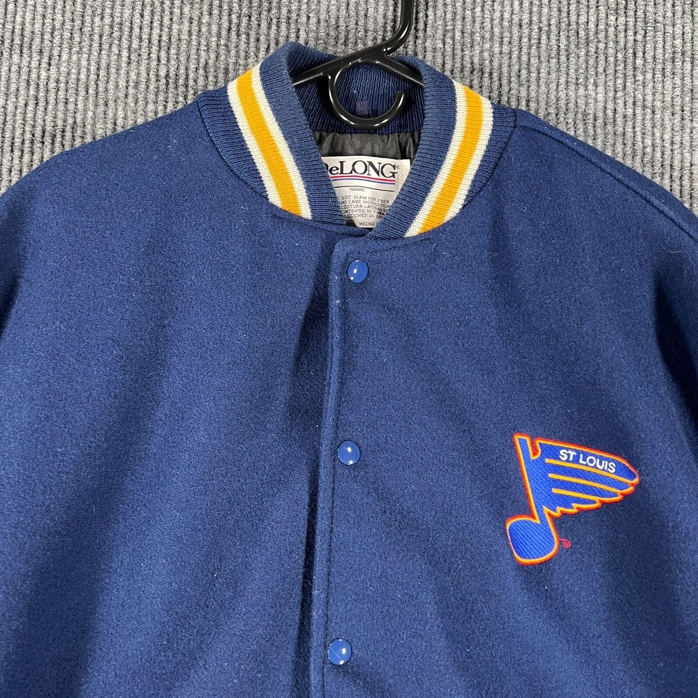 Vintage St. Louis Blues Varsity Jacket DeLong Mens XL Blue Snap‎ Up USA Made NHL